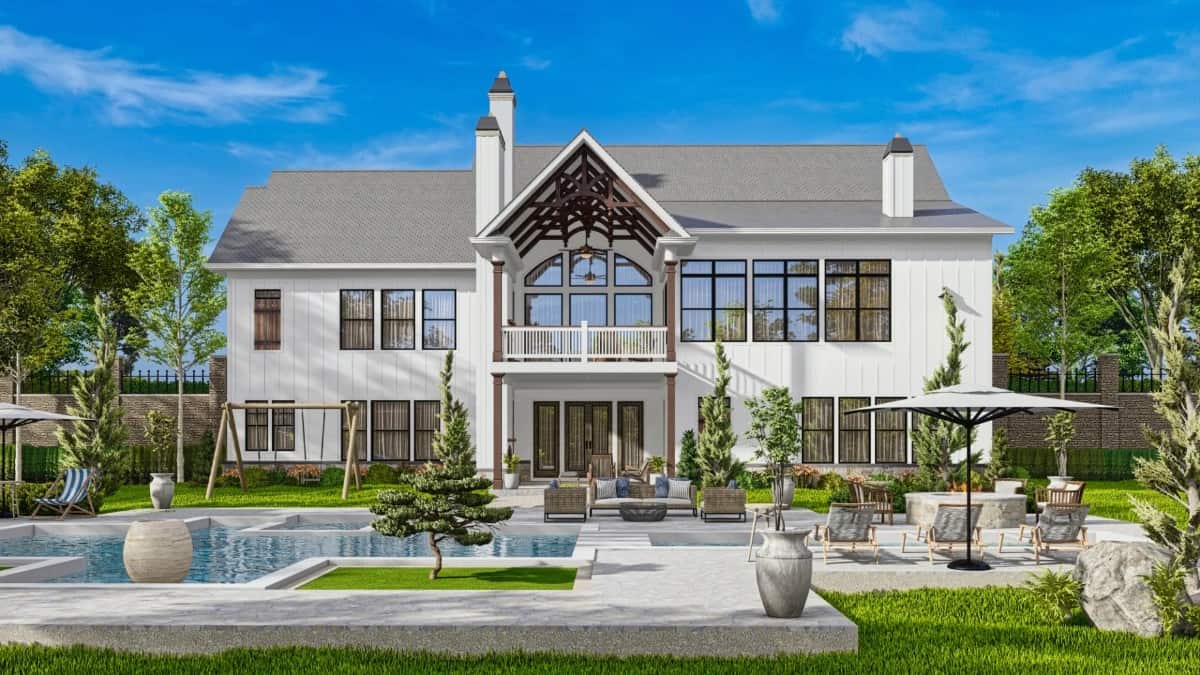Rear rendering showcasing its covered porches, huge windows, and a wonderful pool terrace.