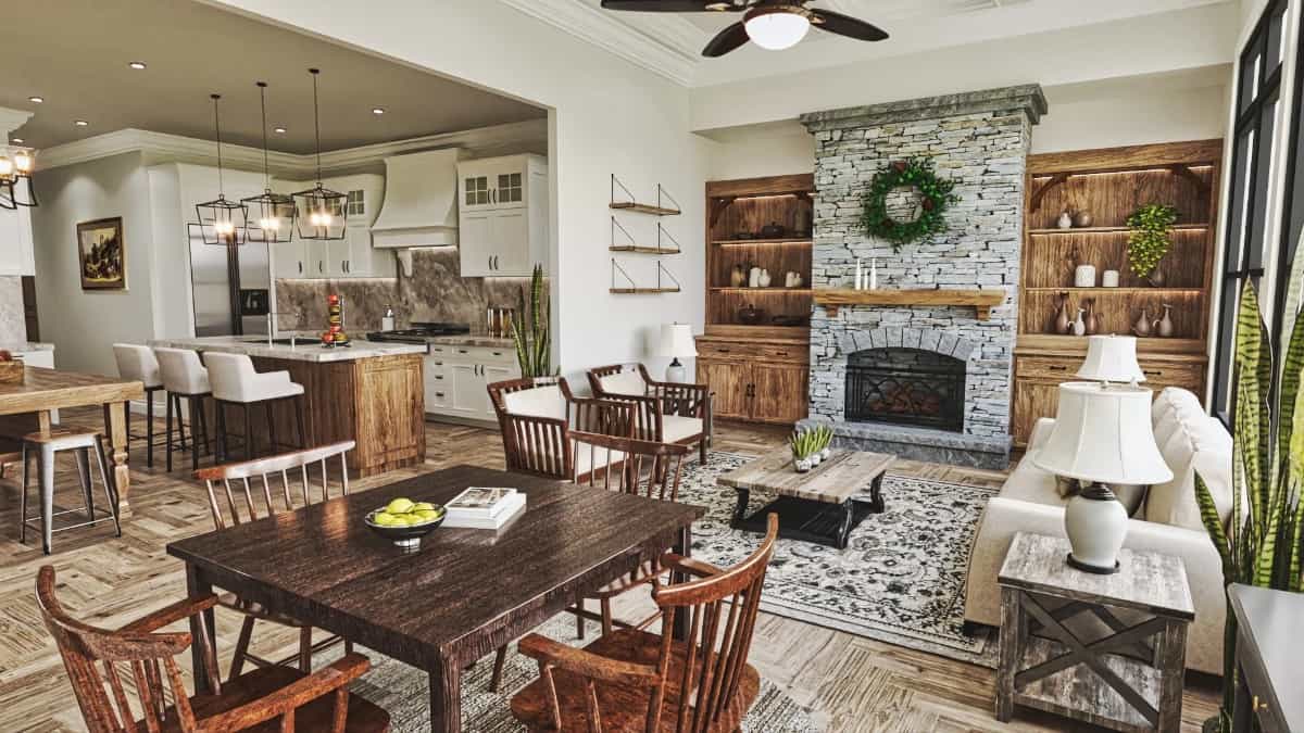 An oversized opening separates the keeping room from the eat-in kitchen.