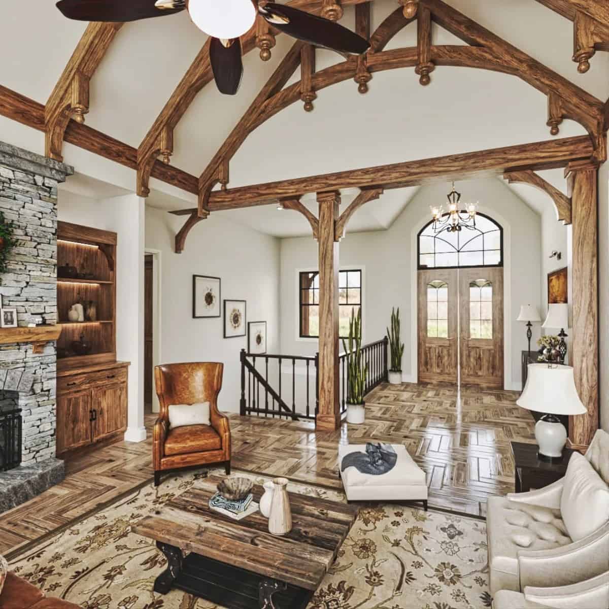 The foyer has a french front door and a great view of the lodge room.