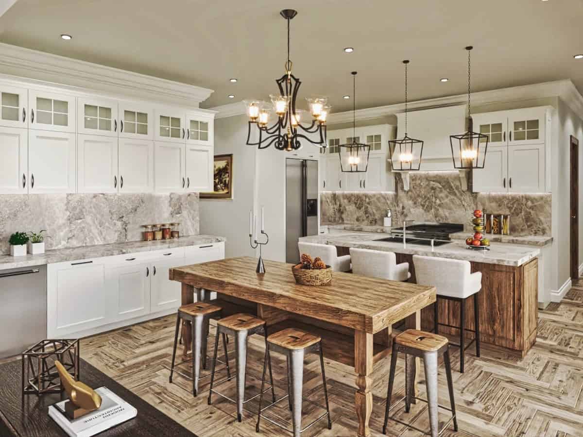 The kitchen offers ample storage, premium appliances, and two islands.