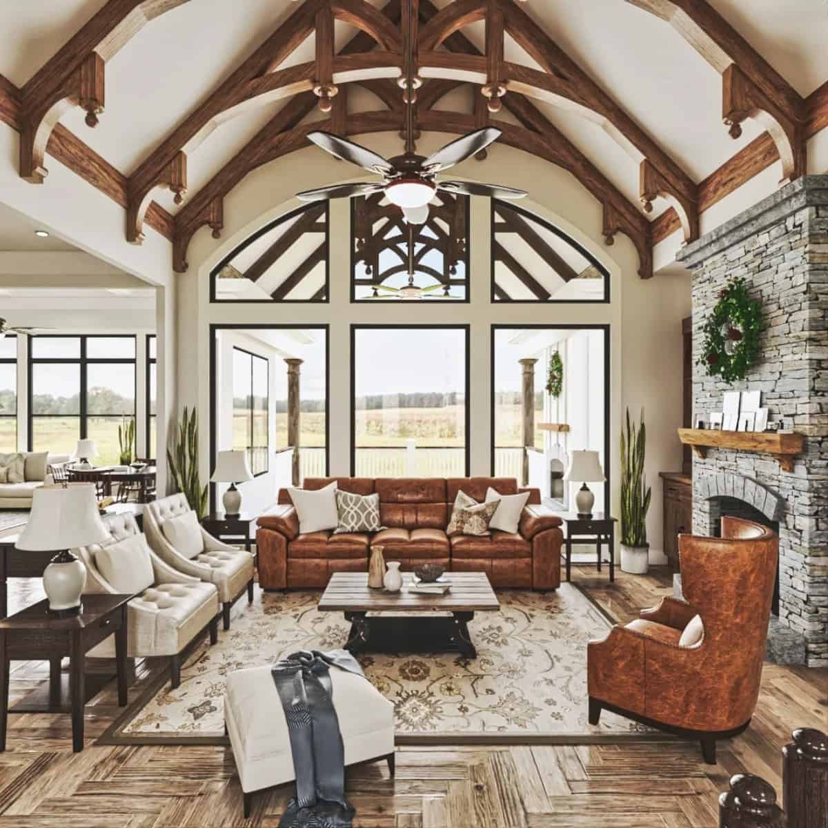 A cathedral ceiling framed with exposed trusses tops the lodge room.