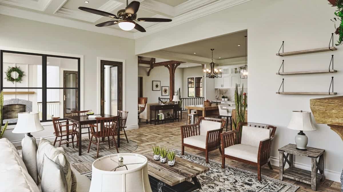 The keeping room extends to a covered porch via a glass door.