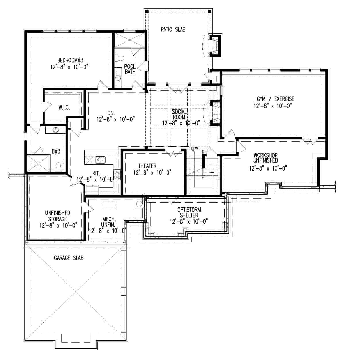 Lower level floor plan with social room, home theater, full kitchen, dining room, gym, and a third bedroom.