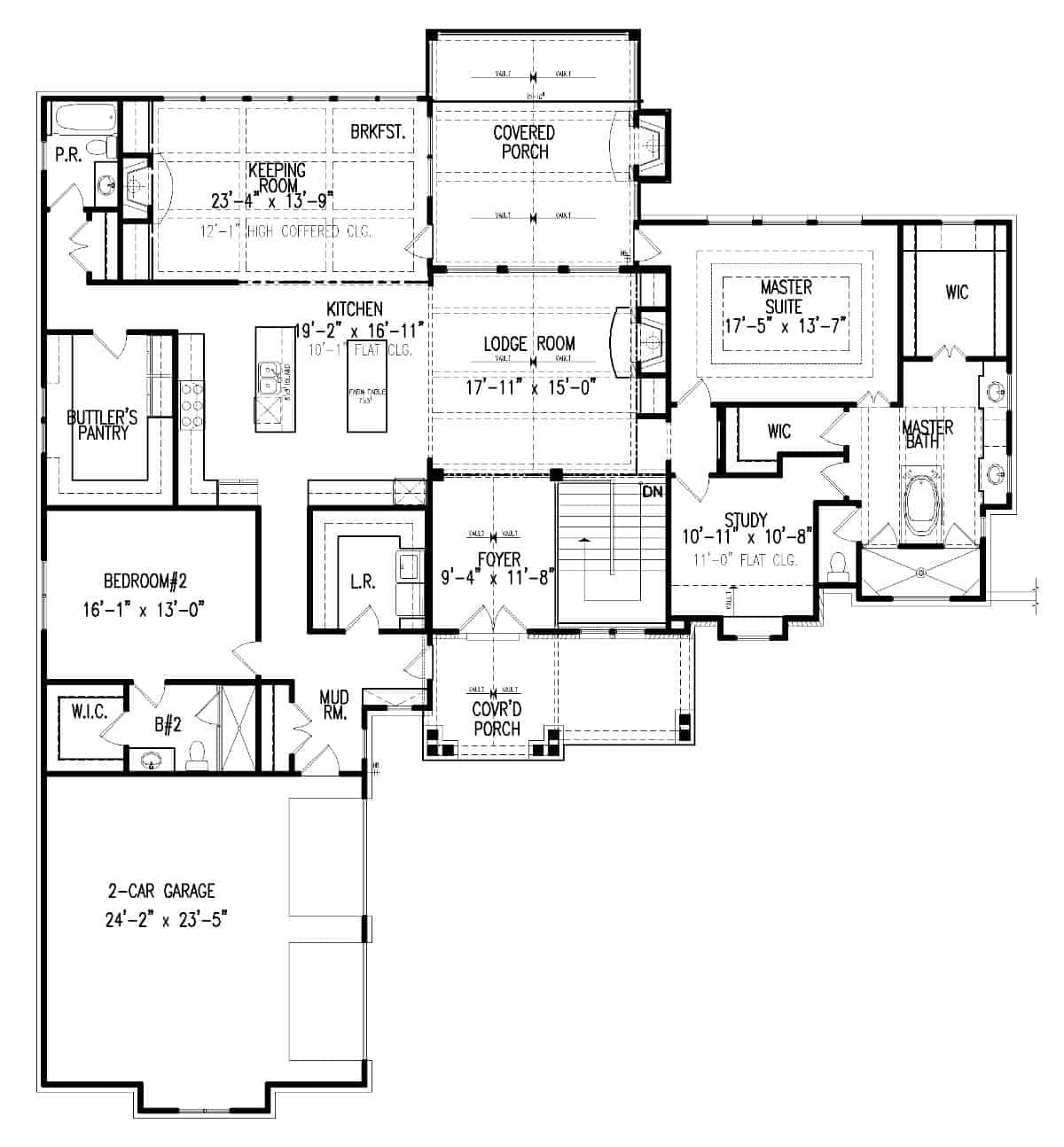 Main level floor plan of a 3-bedroom two-story Glenwood cottage with foyer, lodge room, keeping room, kitchen, study, two bedrooms, and mudroom that opens to the courtyard entry garage.