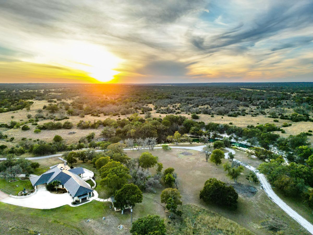 Aerial view of the house and the surroundings.