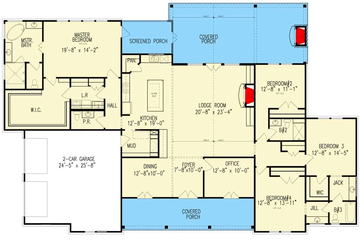 Main level floor plan of a single-story 4-bedroom modern farmhouse with foyer, lodge room, kitchen, dining room, home office, a double garage, and lots of outdoor space.