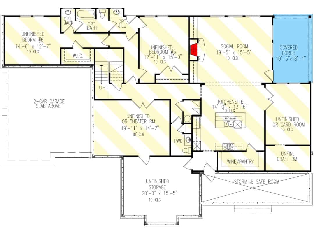 Lower level floor plan with two bedrooms, a kitchenette, home theater, card room, and a social room that opens to a covered porch.