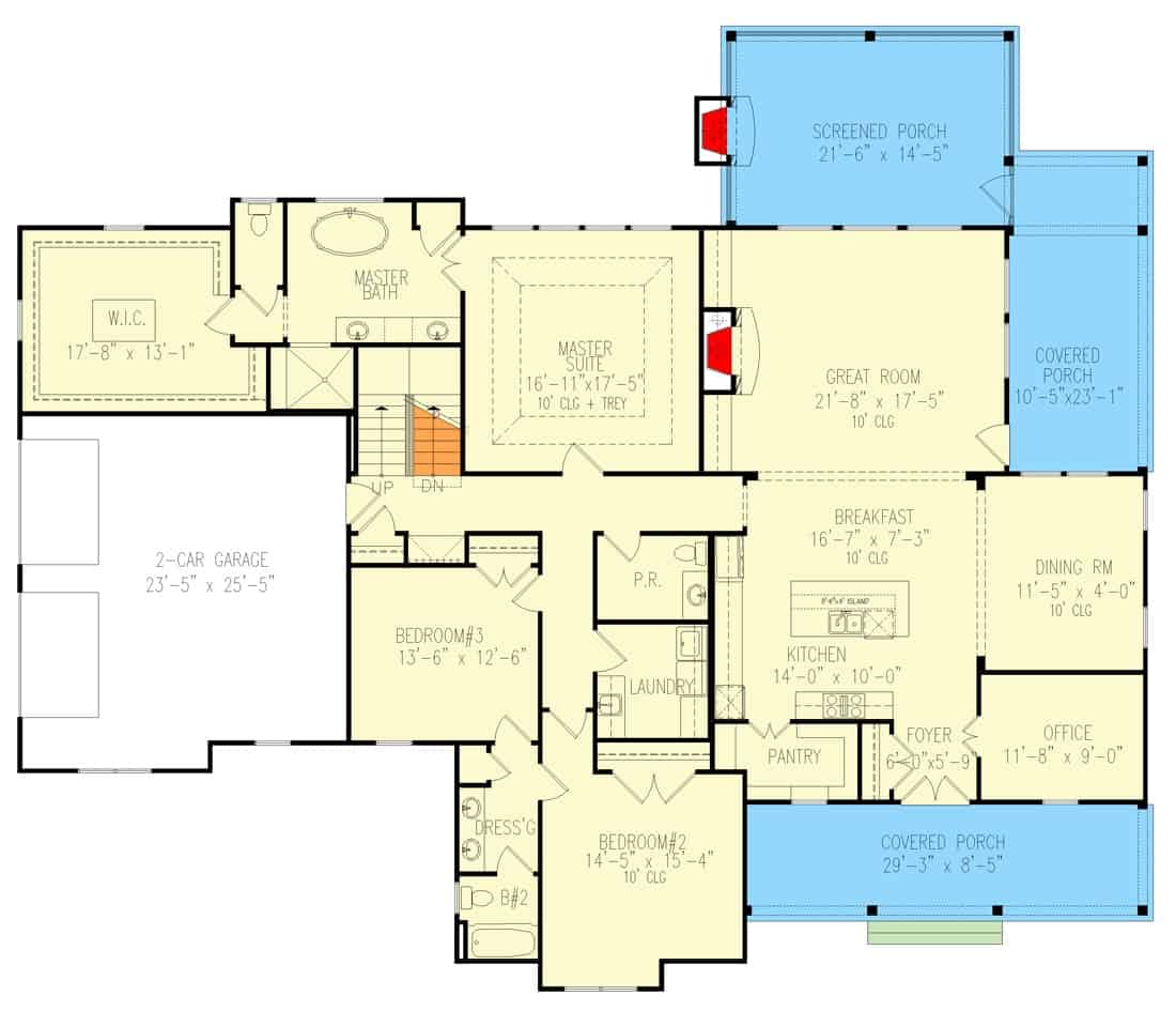 Main level floor plan of a single-story 6-bedroom modern farmhouse with a foyer, kitchen, breakfast area, formal dining room, great room, office, side-loading garage, and three bedrooms including the primary suite.