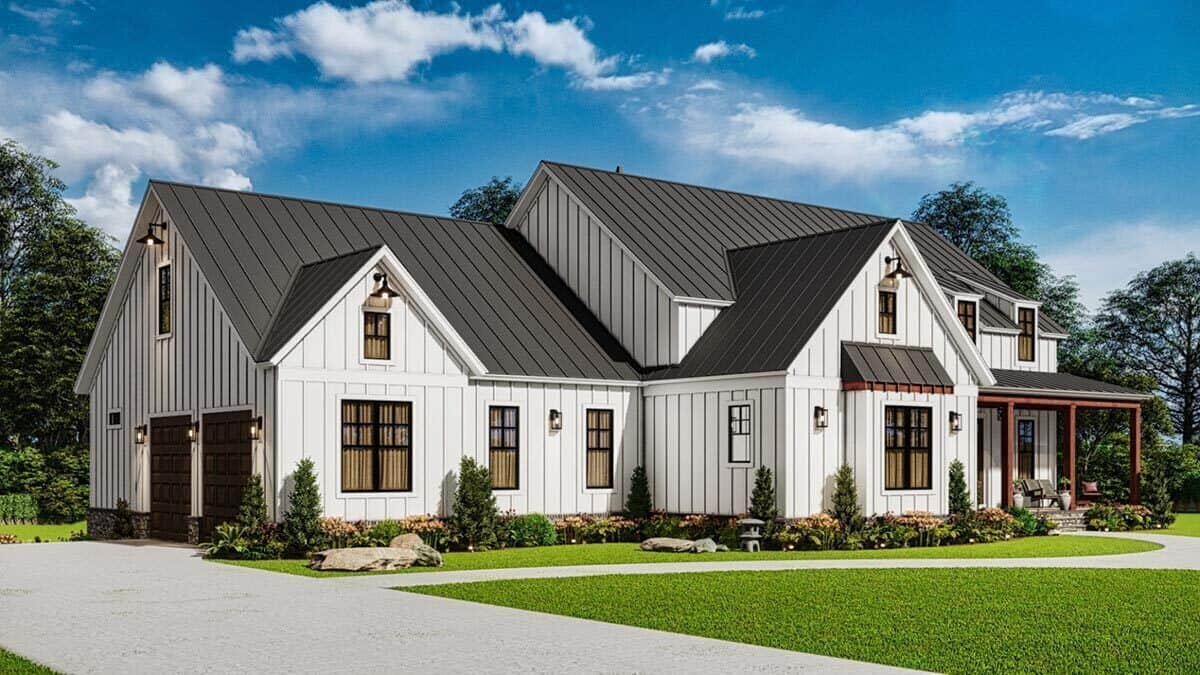 Front-left rendering with a covered entry porch, gable rooflines, and a side-loading garage complemented with a concrete driveway.