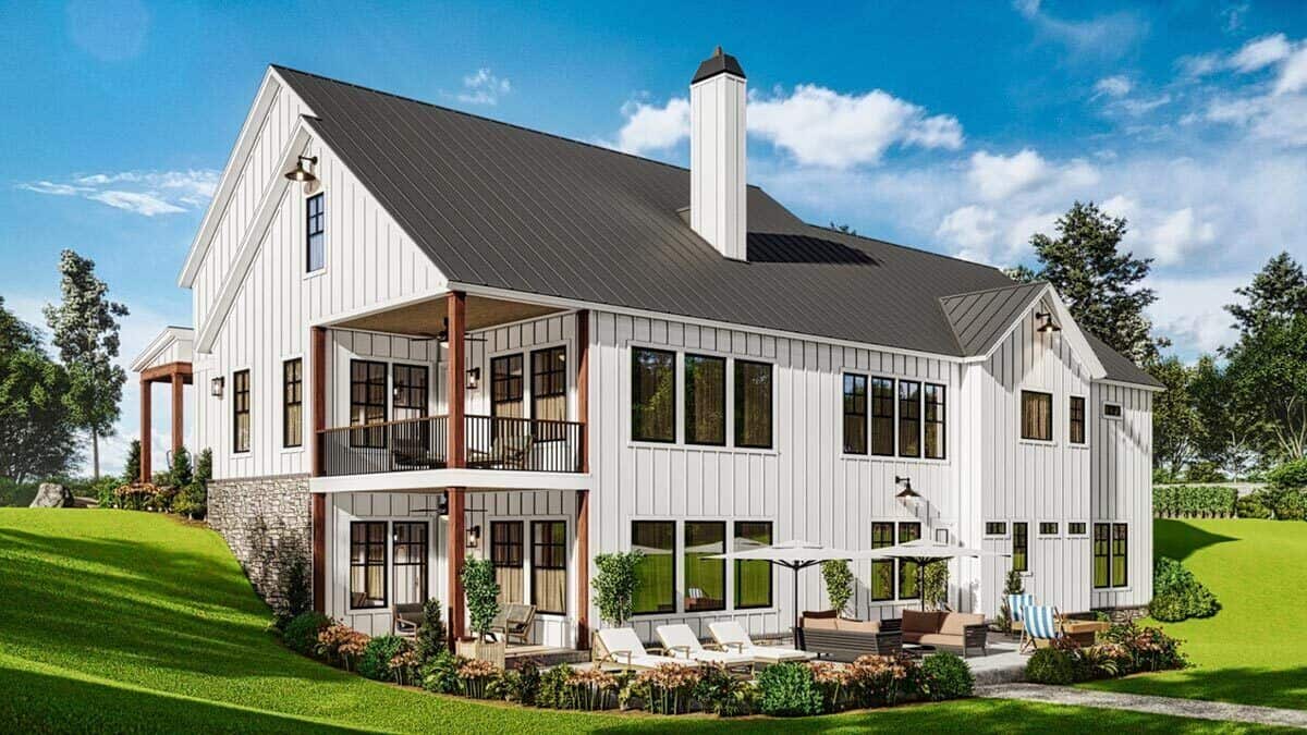 Rear-right rendering showcasing the covered porches and sloped lot.