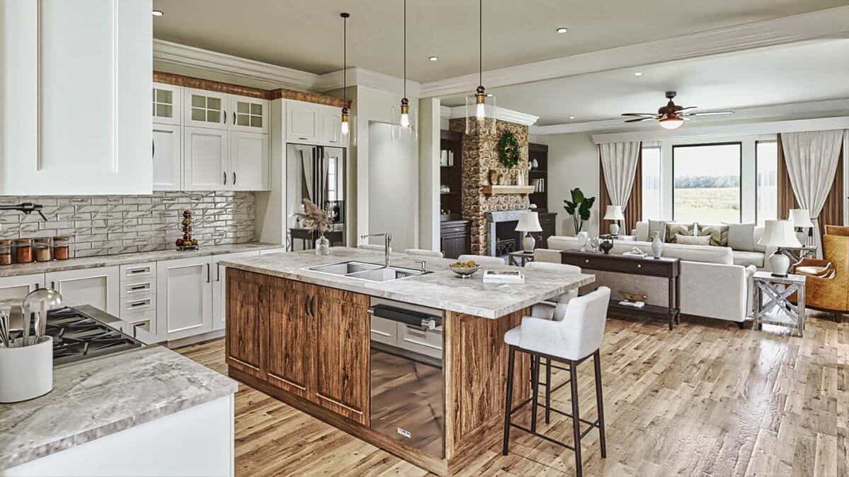 The kitchen and living room open completely with each other creating a wonderful gathering space.