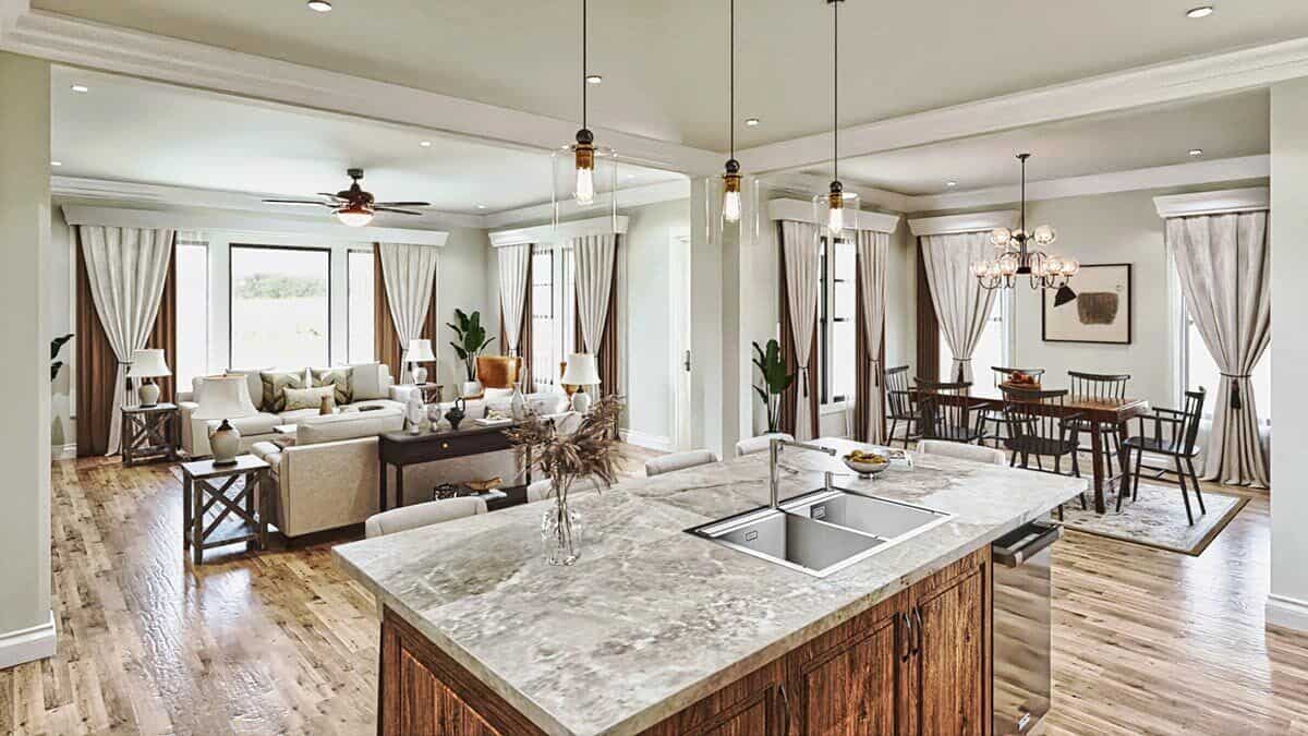 The kitchen and living room also open into the formal dining room.