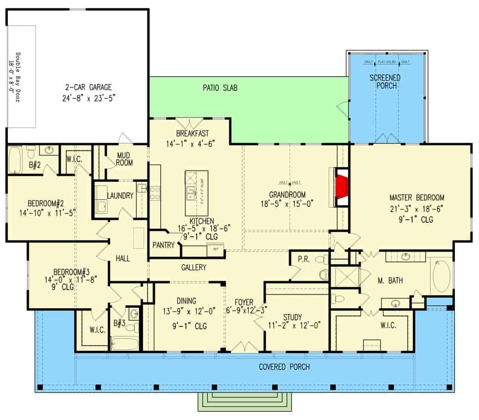 Main level floor plan of a single-story 3-bedroom modern farmhouse with foyer, grand room, formal dining room, kitchen, breakfast nook, mudroom leading to the garage, screened porch, and a wraparound front porch.