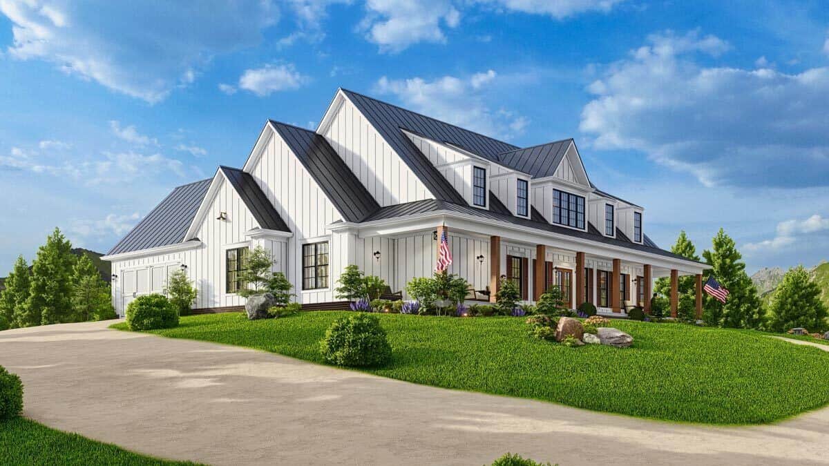 Front-left rendering with shed and gable dormers, and a wraparound porch bordered with rustic timbers.