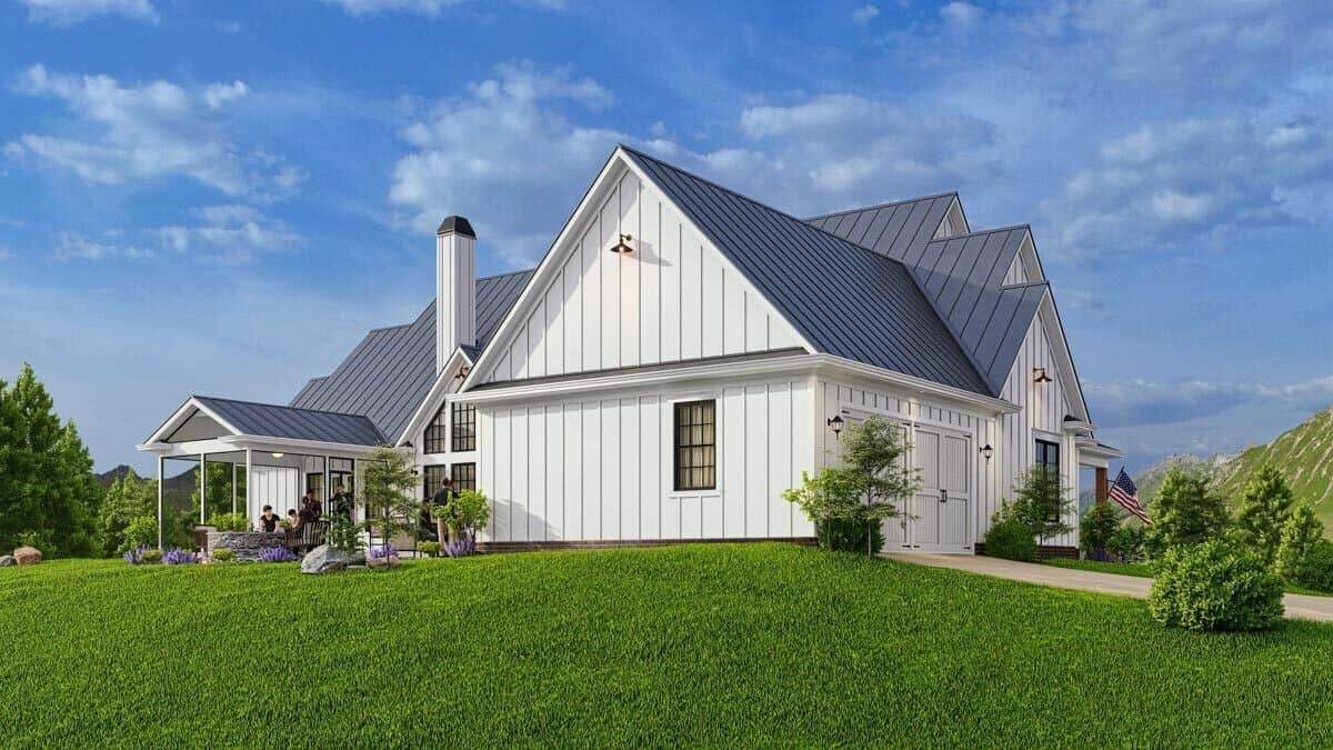 Rear-left rendering showcasing the side-loading garage with a sloped driveway.