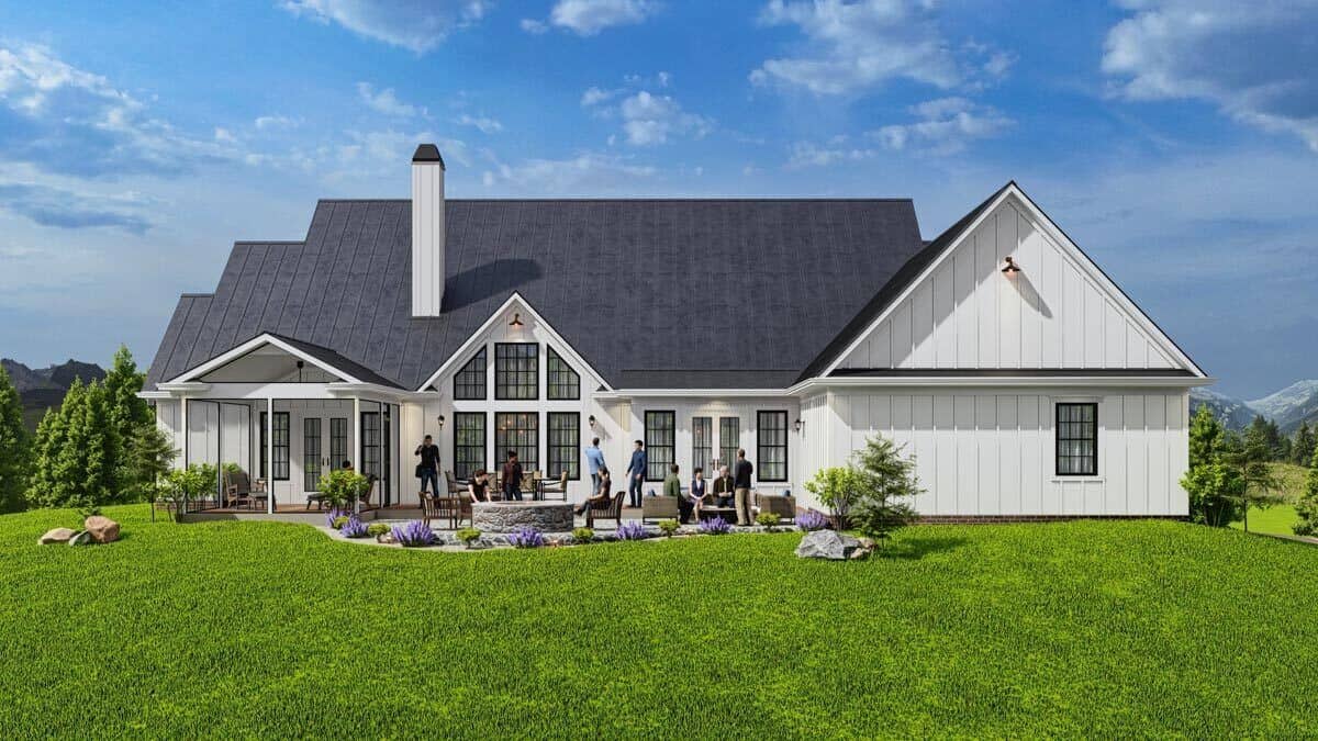 Rear rendering with screened porch and a spacious patio with fire pit seating.