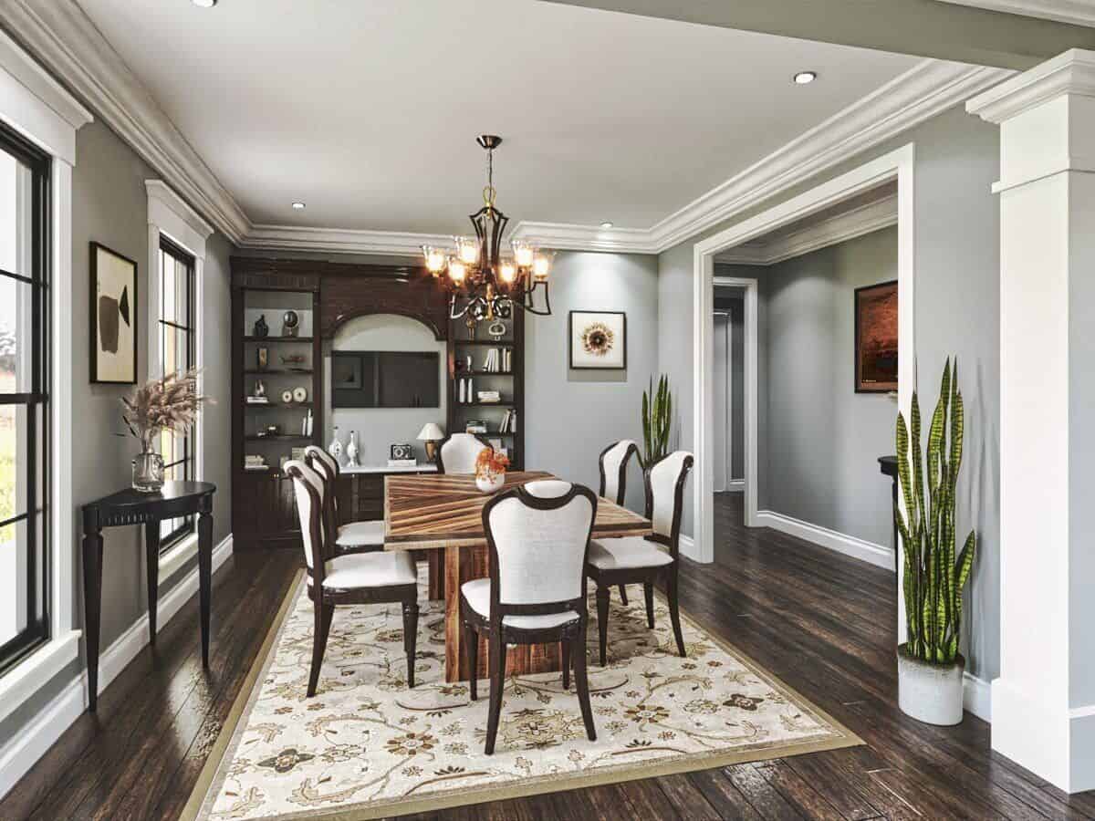 Formal dining room with a china cabinet and a wooden dining set sitting on a floral area rug.