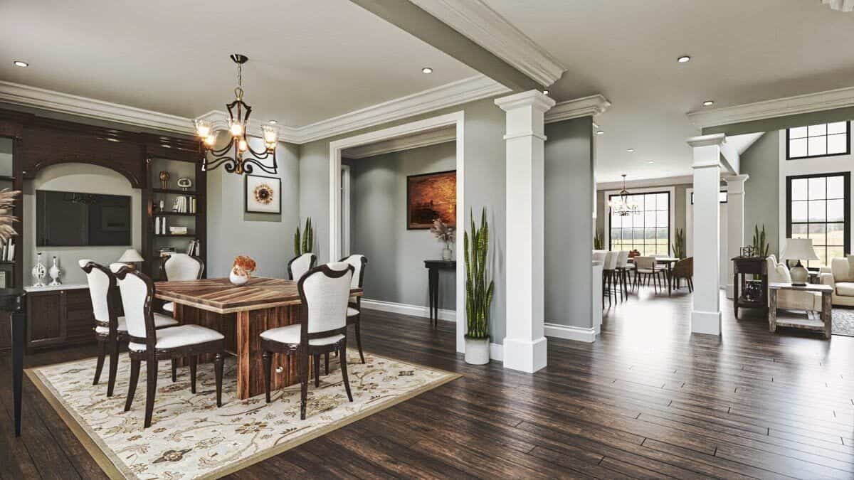 View of the dining room and open living space from the foyer.