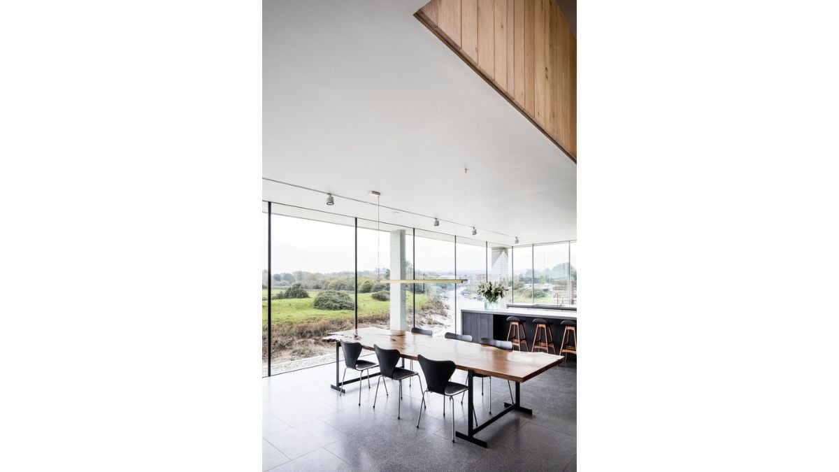 The expansive views of the river and its low-lying flood plain to the south and west from the dining area.