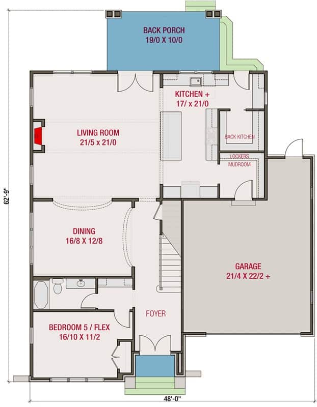 Main level floor plan of a contemporary style 4-bedroom two-story Tudor home with foyer, dining room, living room, kitchen, mudroom leading to the garage, and a flex room that can be used as a bedroom.