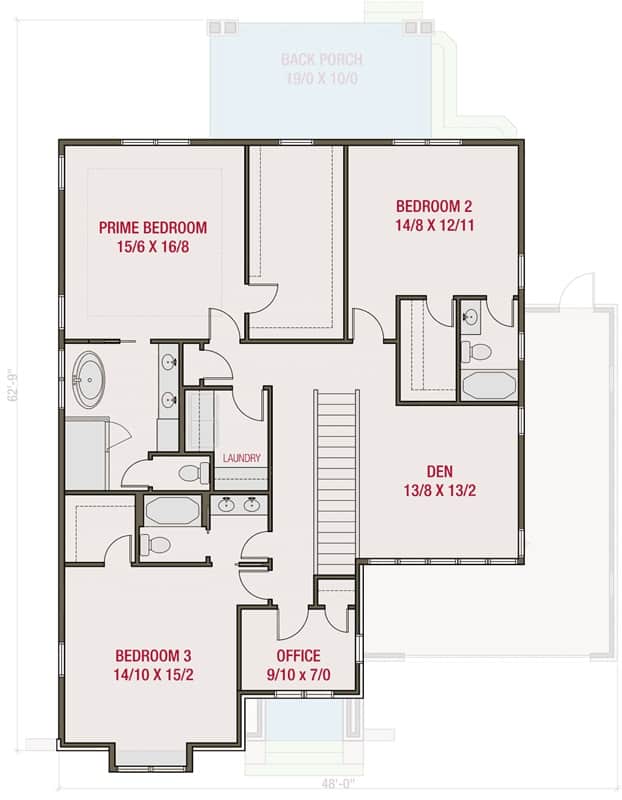 Second level floor plan with three bedroom suites, a home office, and a den.