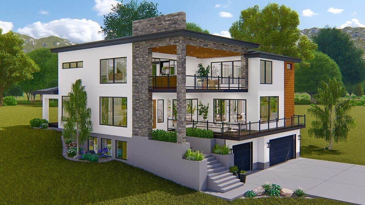 Front-left rendering with two levels of outdoor living bordered by glass railings.