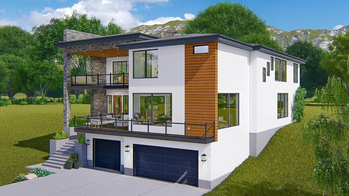 Front-right rendering showcasing the 3-car garage and concrete-tiled driveway.