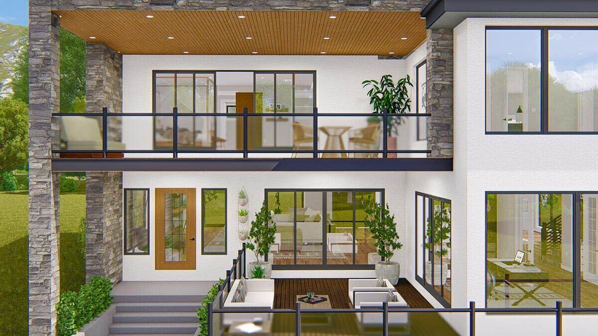 A closer look at the outdoor living with contemporary furnishings and wood-paneled ceilings.