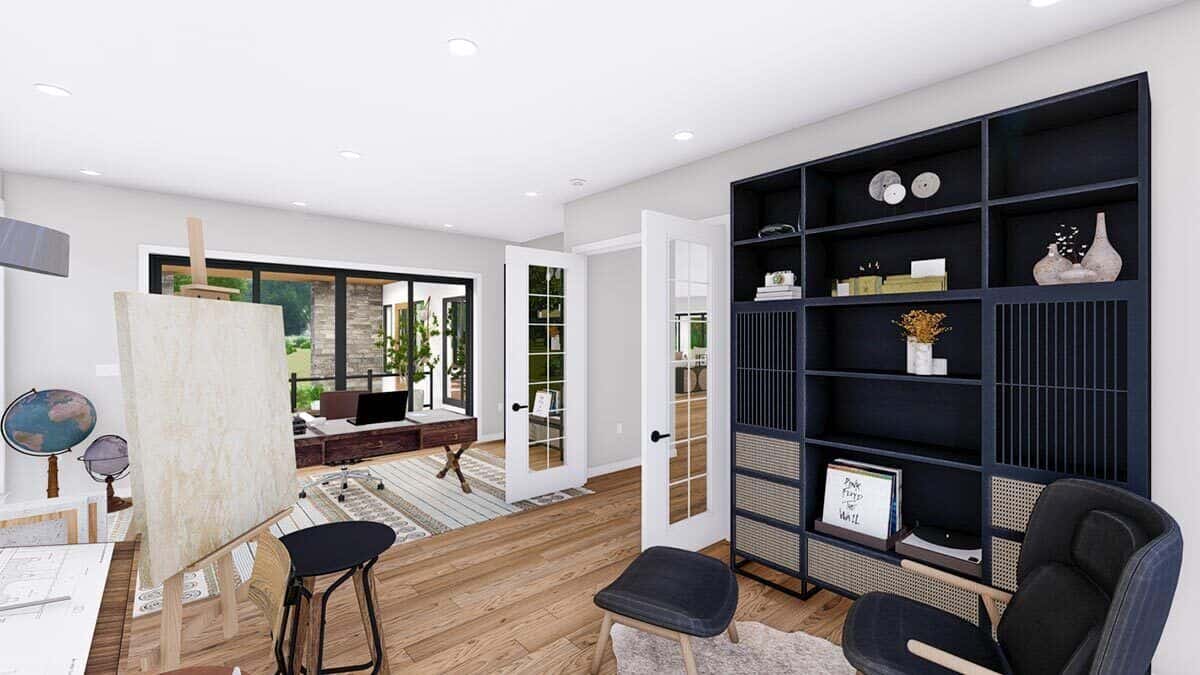 A french door opens to the home office and art studio.