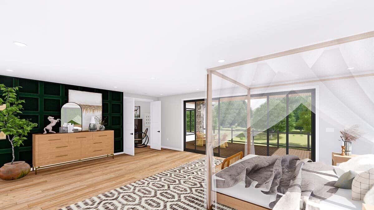 A dark paneled accent wall beautifully contrasts the primary bedroom's white walls.