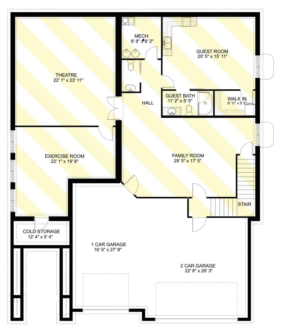 Lower level floor plan with a bedroom, family room, exercise room, home theatre, and 3-car garage.
