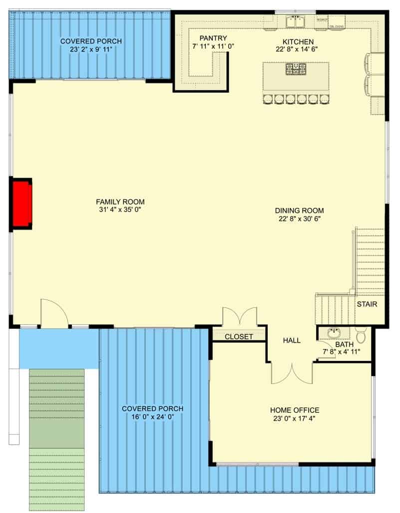 Main level floor plan of a 4-bedroom two-story contemporary home with family room, dining room, kitchen, home office, and covered porches.