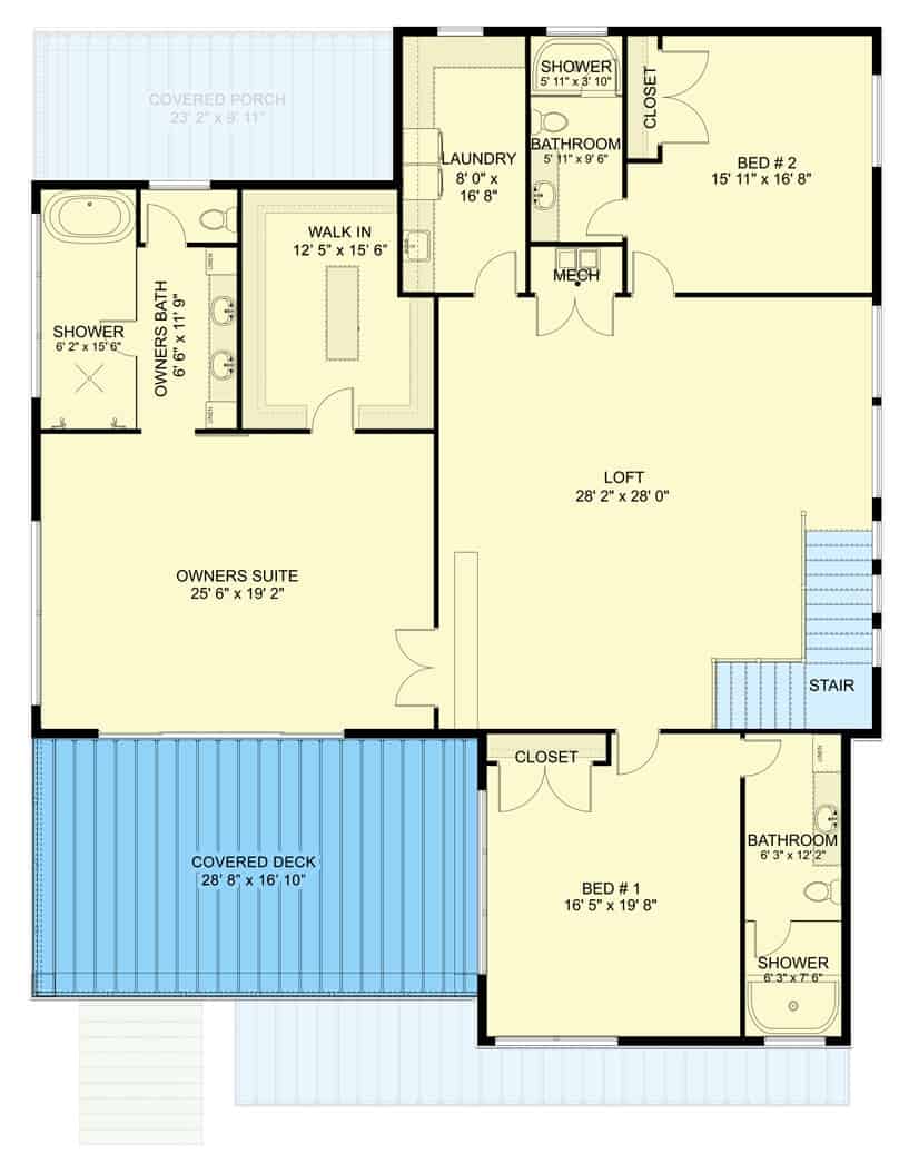 Second level floor plan with three bedrooms, a loft, and a laundry room.