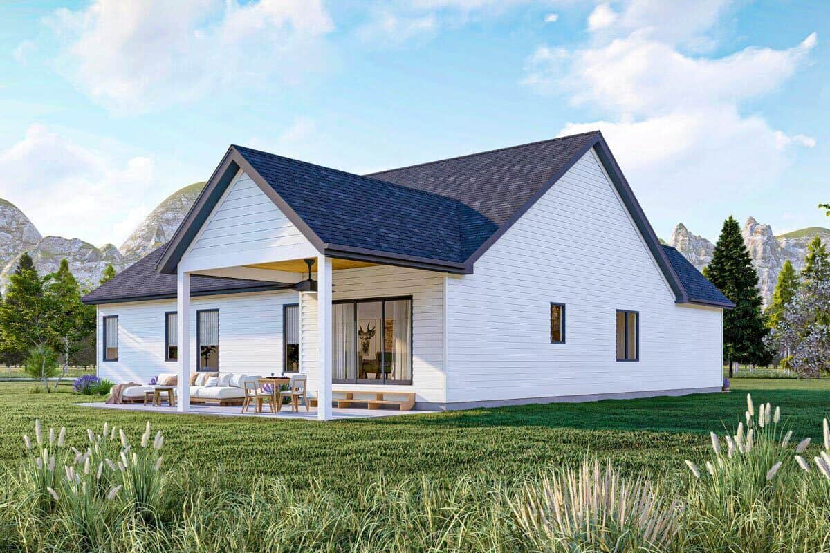 Rear-left rendering with horizontal siding and a gabled porch supported by white columns.