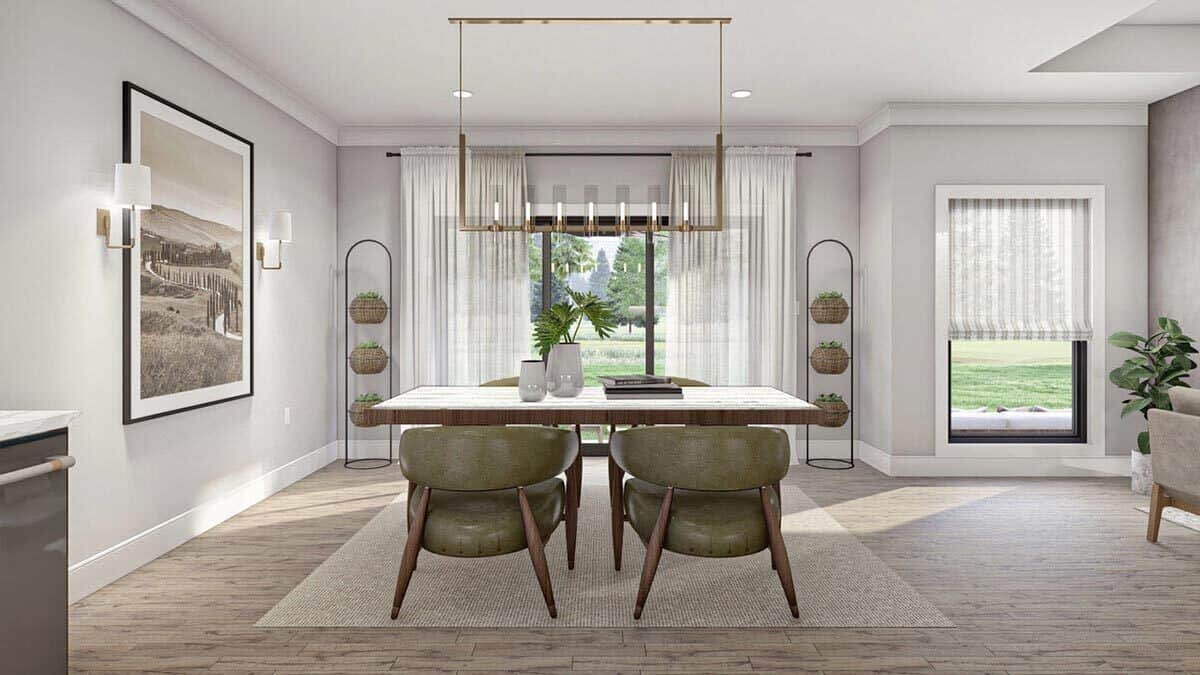 Dining area with a modern dining set, a linear chandelier, and sliding glass doors that open to the rear patio.
