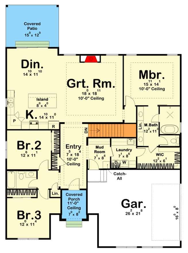 Main level floor plan of a 3-bedroom contemporary single-story country home with foyer, great room, kitchen, dining area, laundry room, and mudroom that opens to the garage.