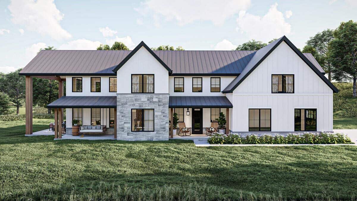 Front rendering with board and batten siding, plenty of windows, and covered porches framed with rustic timbers.