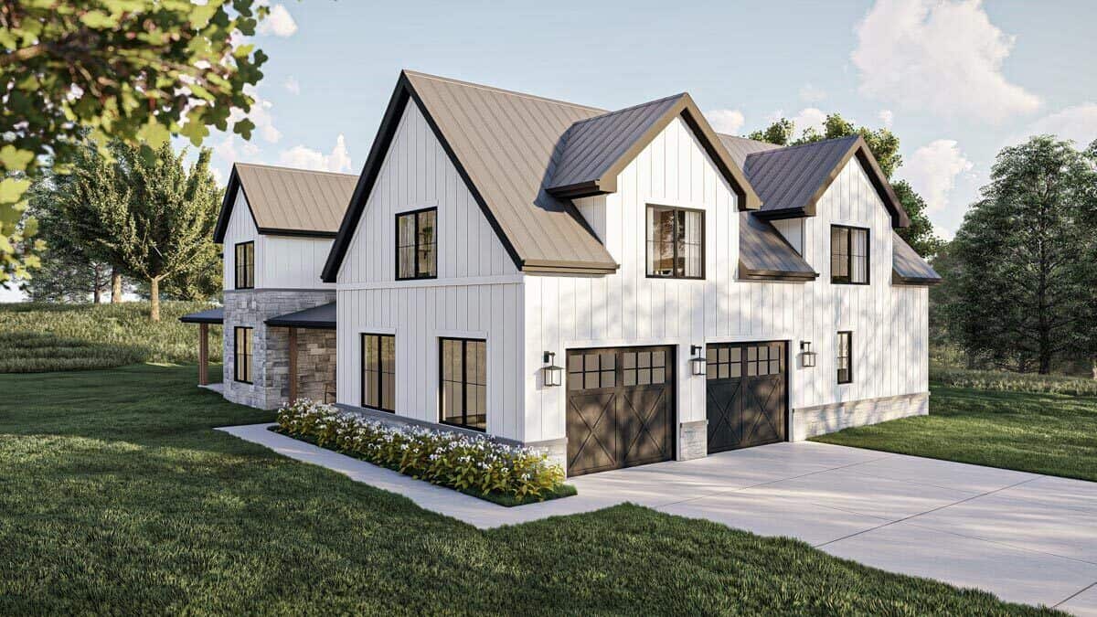 Front-right rendering showcasing the double garage and concrete driveway.