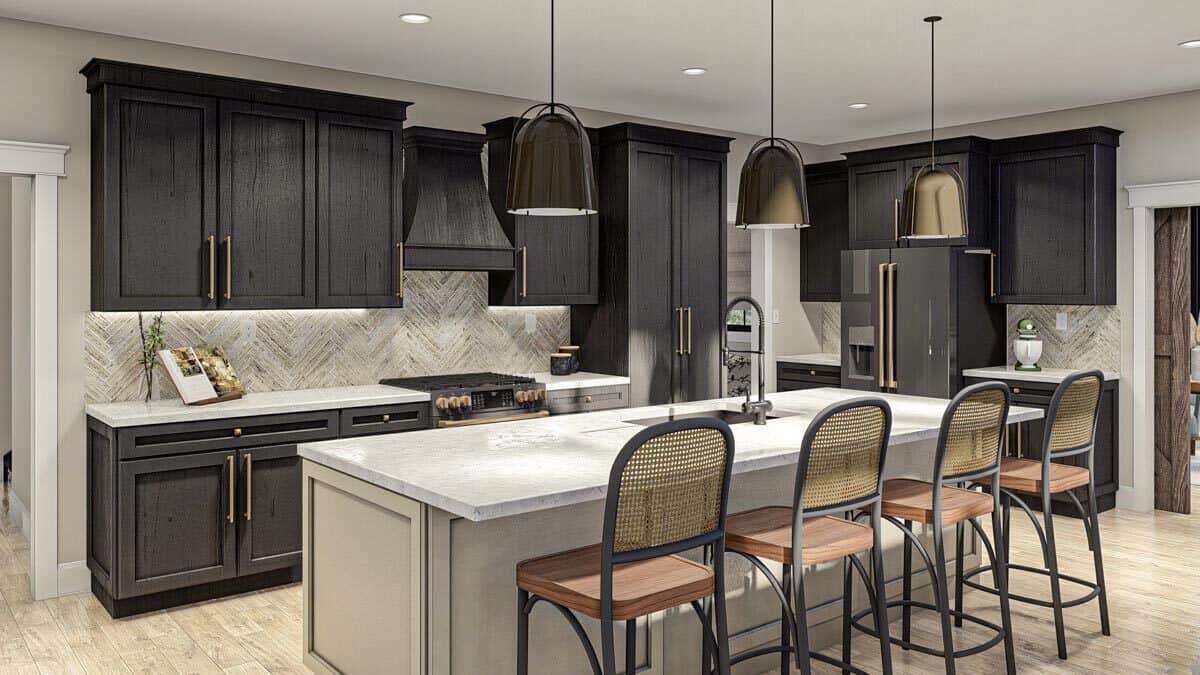 The kitchen has black cabinetry and a contrasting island topped with dome pendant lights.