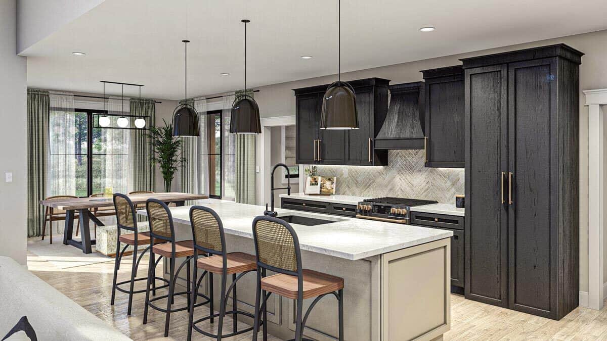 Across the kitchen is the dining area surrounded by windows.