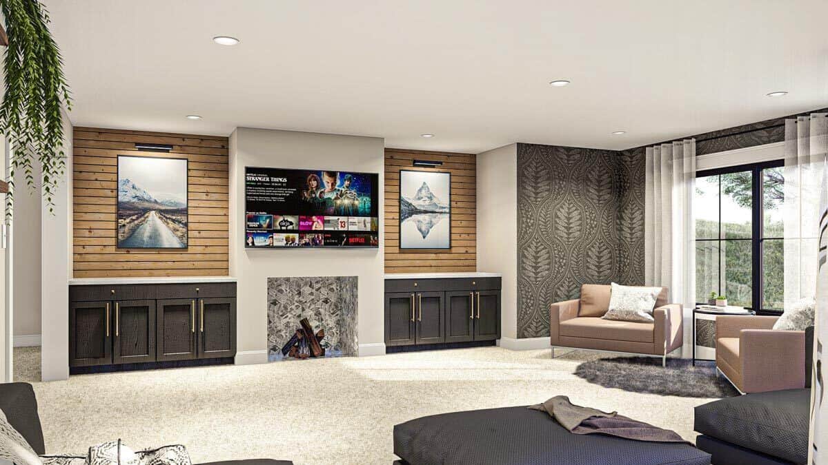 The family room offers comfy seats, a large TV, and a fireplace flanked by base cabinets.