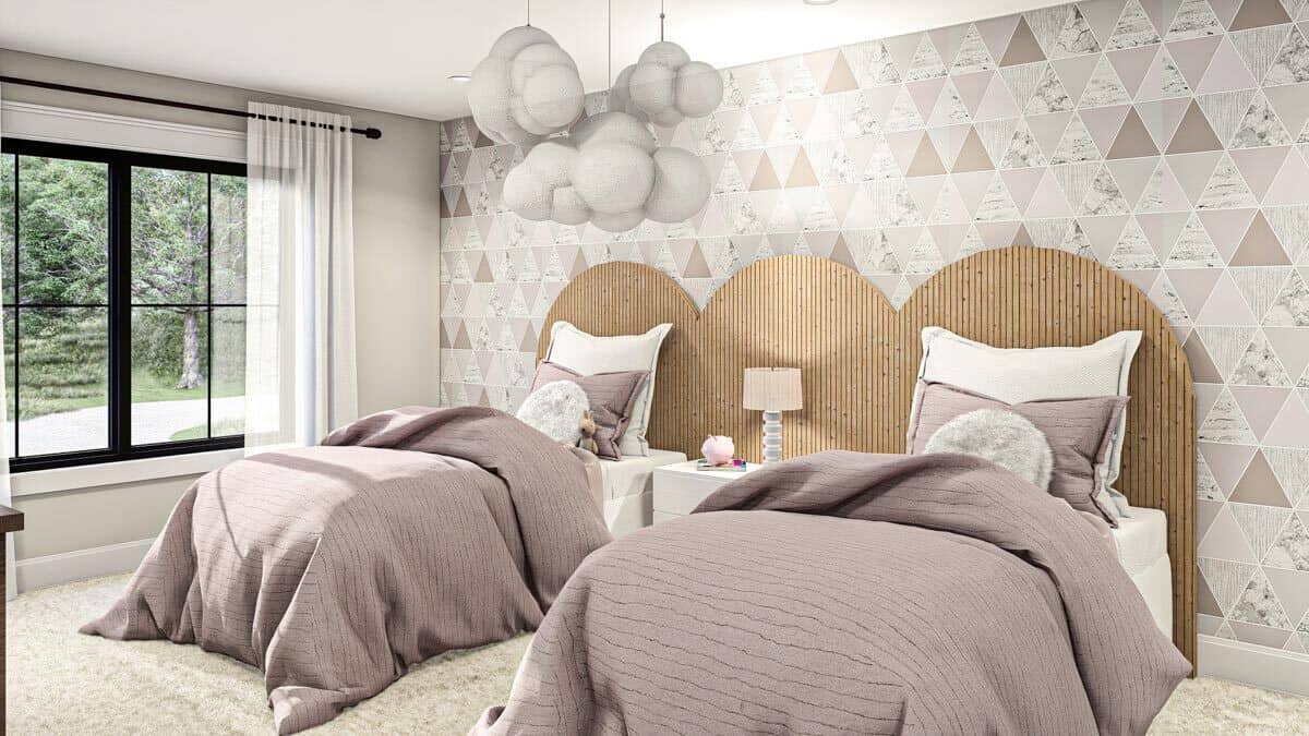 This bedroom features a cluster chandelier and two single beds highlighted by a bespoke headboard.This bedroom features a cluster chandelier and two single beds highlighted by a bespoke headboard.