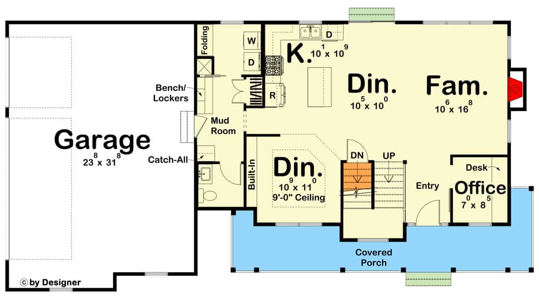 Main level floor plan of a two-story 3-bedroom farmhouse with a foyer, family room, breakfast area, kitchen, dining room, laundry, and mudroom that opens to the garage.