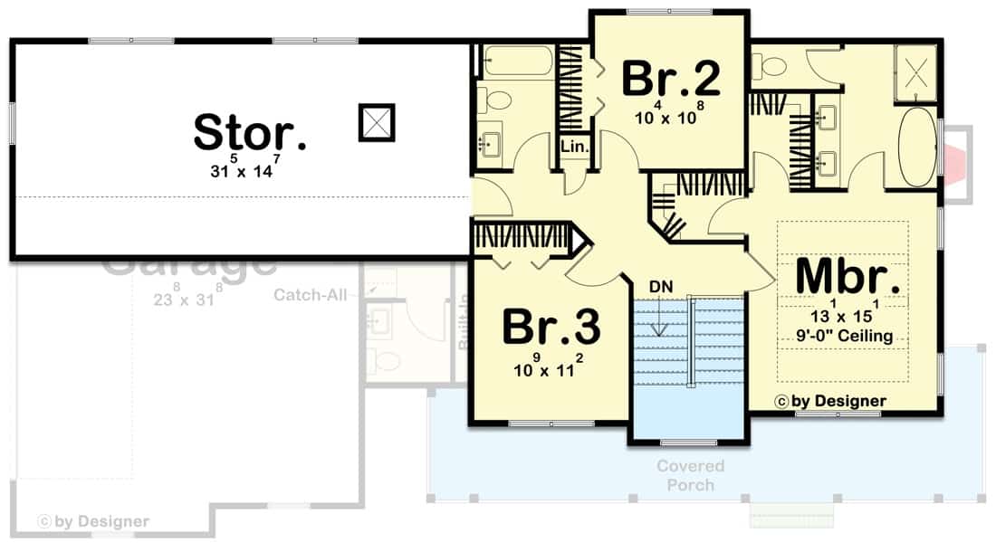 Second level floor plan with three bedrooms, two bathrooms, and an enormous storage room.