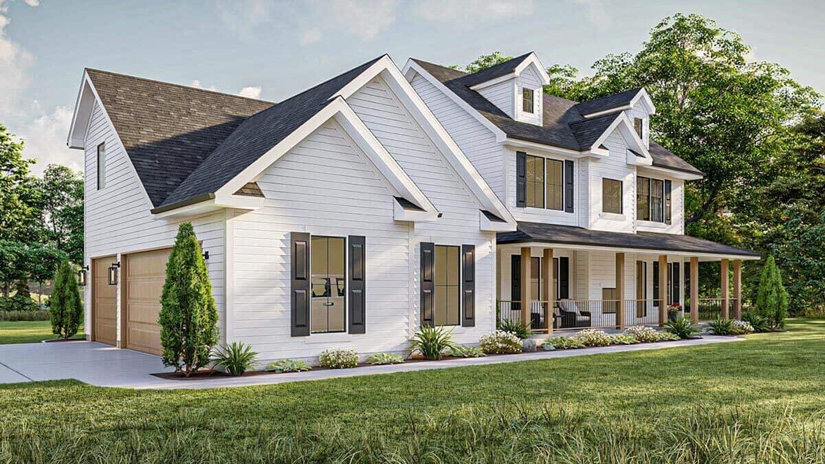 Front-left rendering with multiple gables, shuttered windows, and a side-entry garage enclosed in large wooden doors.