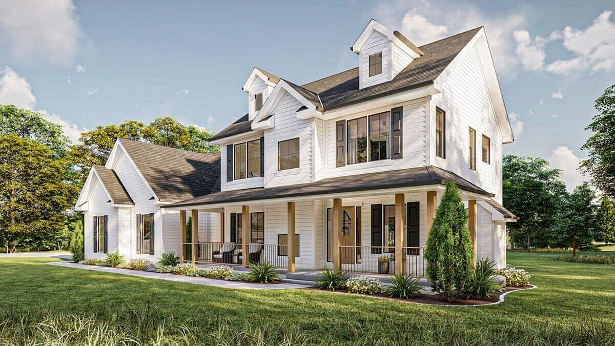 Front-right rendering showcasing the wraparound porch bordered by wooden railings and columns.