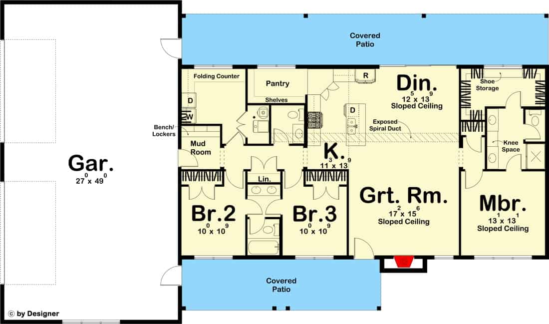 Main level floor plan of a modern single-story 3-bedroom barndominium with a great room, dining area, kitchen, three bedrooms, a mudroom that opens to the garage, and expansive covered patios.