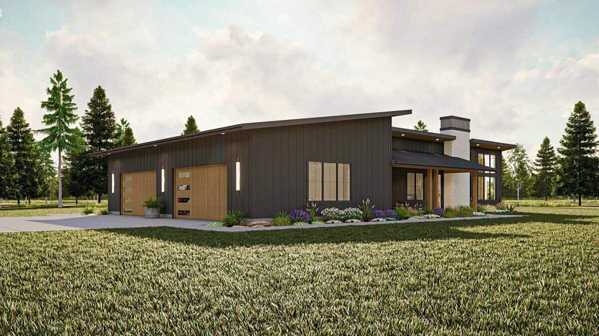 Front-left rendering with a 4-car garage topped with a shed roof.