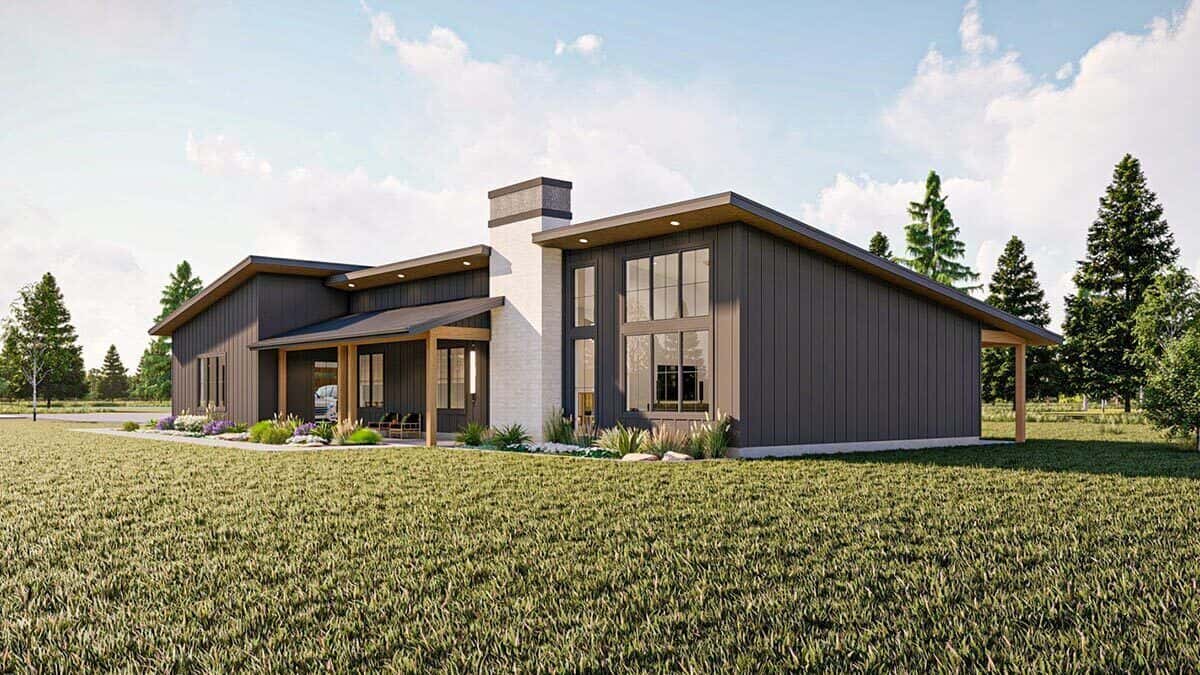 Front-right rendering with a brick chimney and a covered entry porch framed with timber posts.