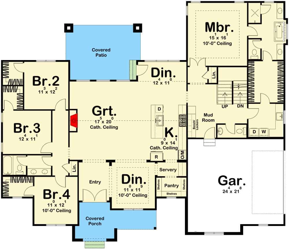 Main level floor plan of a 4-bedroom single-story modern farmhouse with great room, kitchen, formal dining room, dinette, and mudroom leading to the double garage.